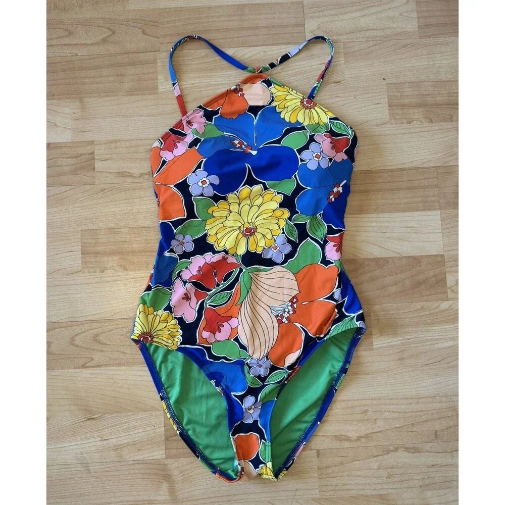 New Kate Spade New York High Neck One Piece Swimsuit Costal Garden Size Medium
